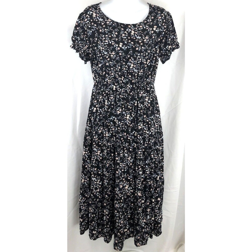 Navins Midi Flowy Dress M Blk Floral puff sleeve tiered Pockets Cottage Whimsy